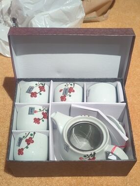 Ceramic White Teapot and Cup Set with Red Floral Accents